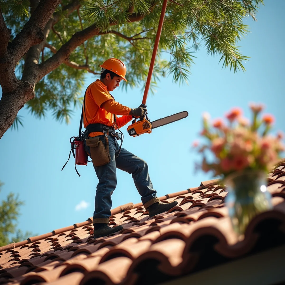 Tree specialist trimming heavy branches away from tile roofline