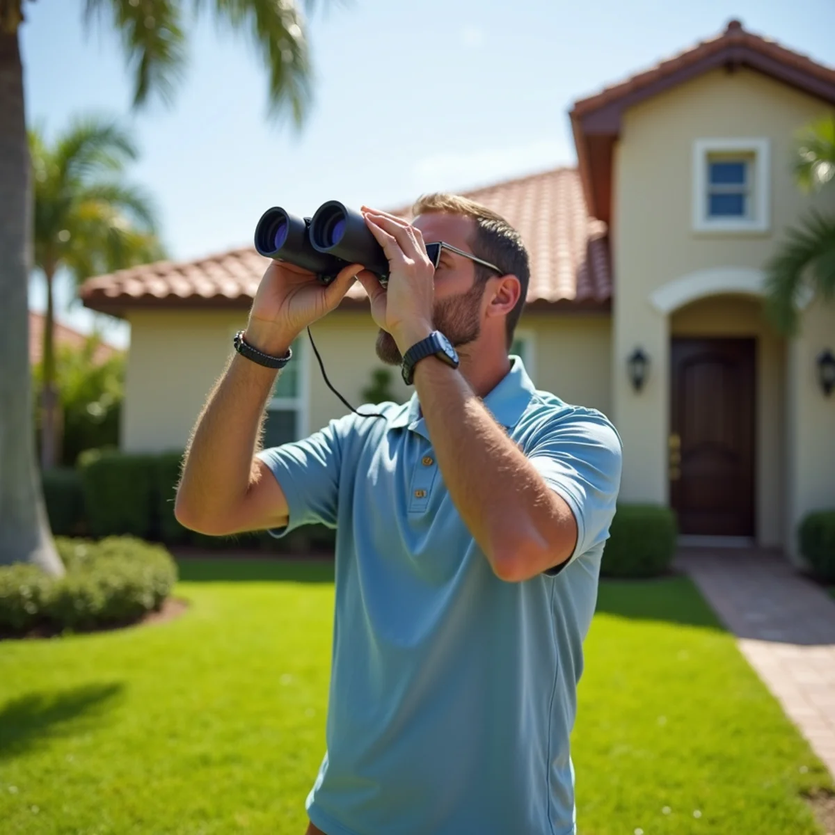 Homeowner with binoculars inspecting roofline and finding broken tile shards on lawn