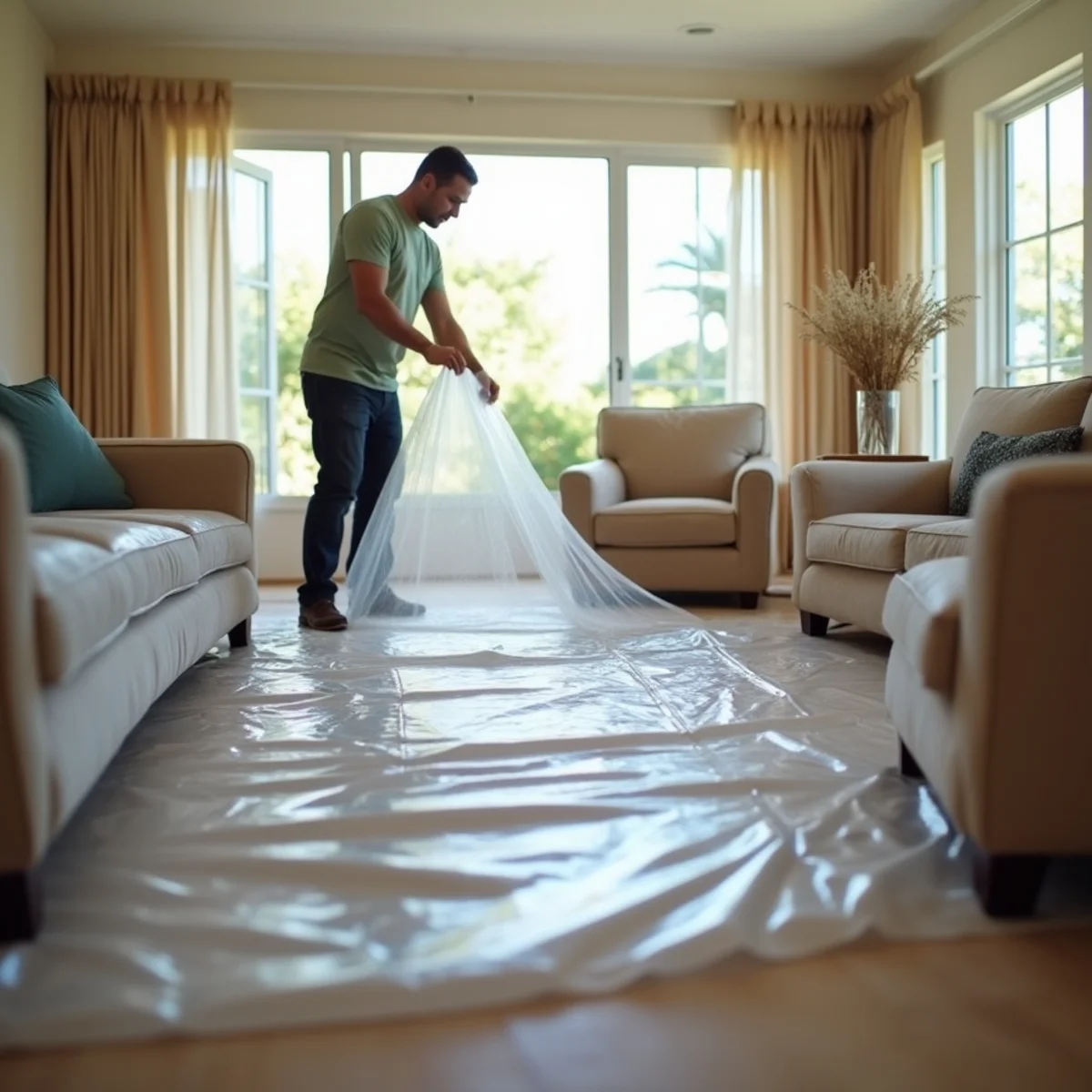 Clear heavy-duty polyethylene tarp draped over living room sofa and hardwood floor